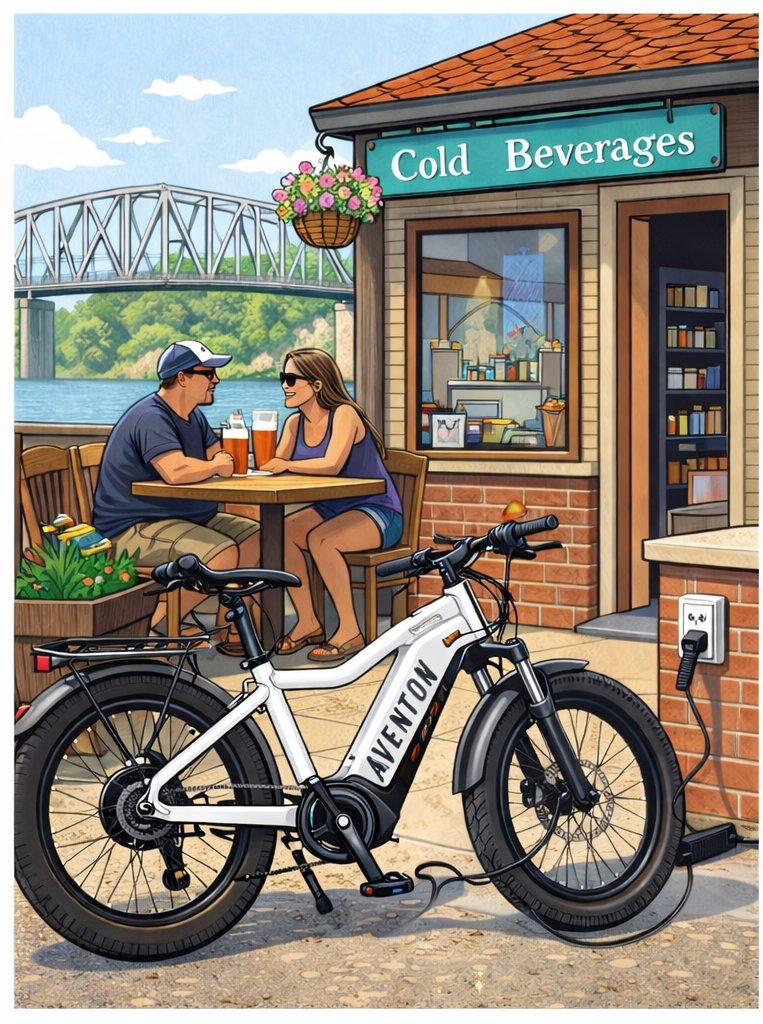 An Aventon eBike charging at an outdoor café along the river while two riders enjoy drinks
